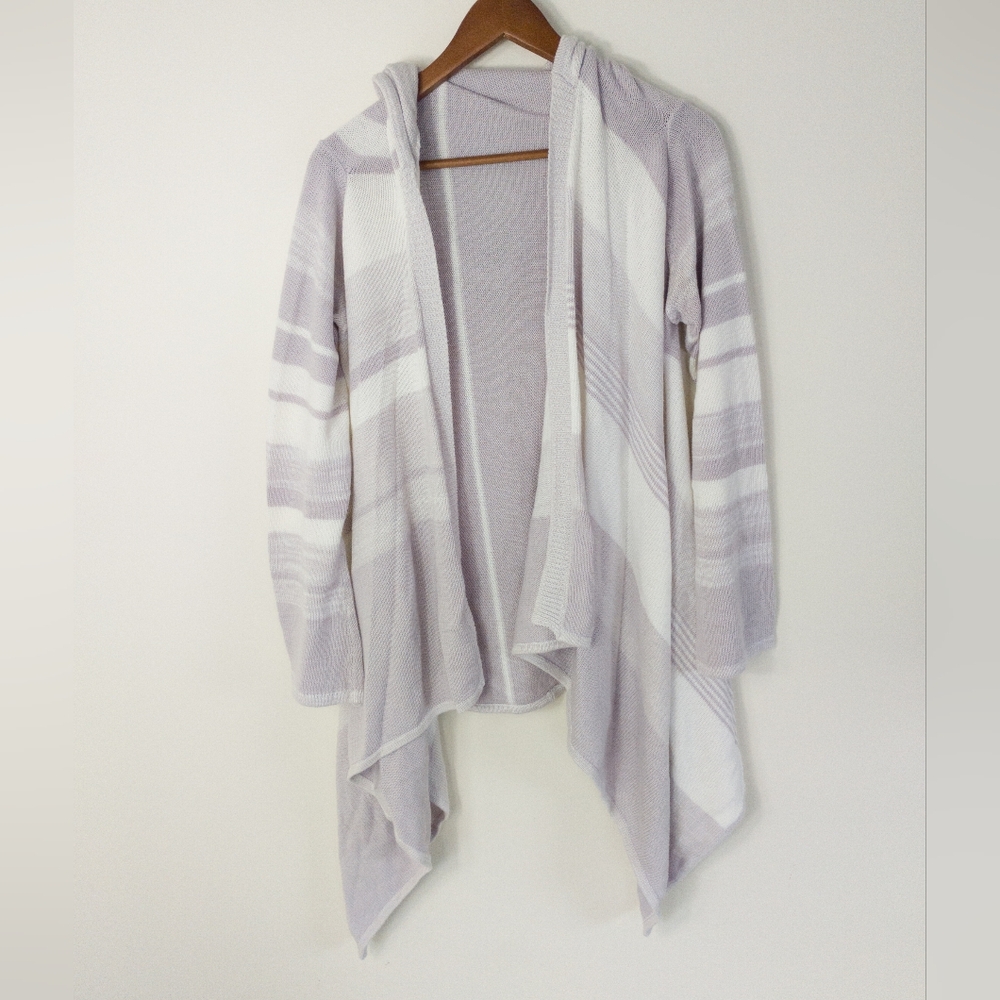 Line Open Front Waterfall Knit Cardigan Striped Size Large